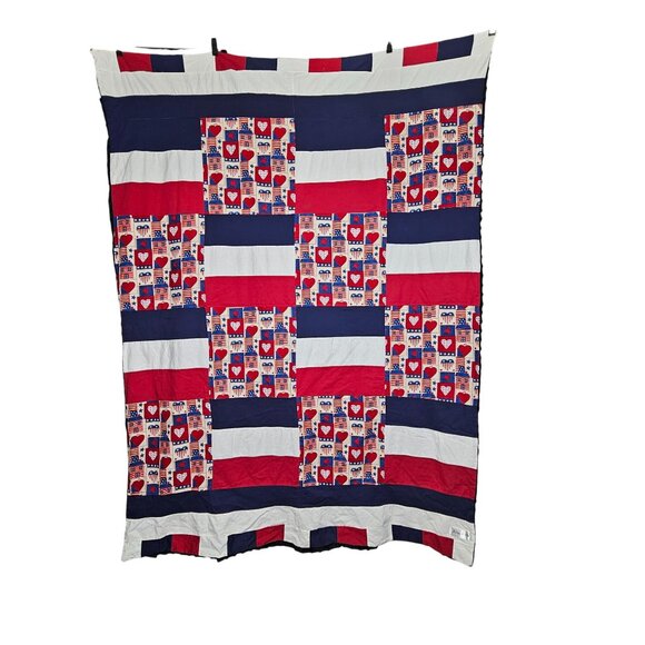 Patchwork Patriotic Quilt Handmade By Kelly Red White Blue Black Minky 60" X 46" - Picture 1 of 5